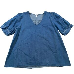 Draper James Women Medium Wash Blue Chambray Puff Sleeve V-Neck Blouse Top L